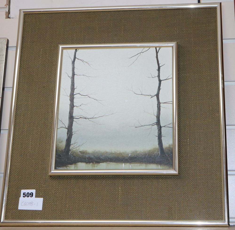 Michael John Hill (1956-), oil on board, Pond in winter, signed and dated 79, 28 x 25cm